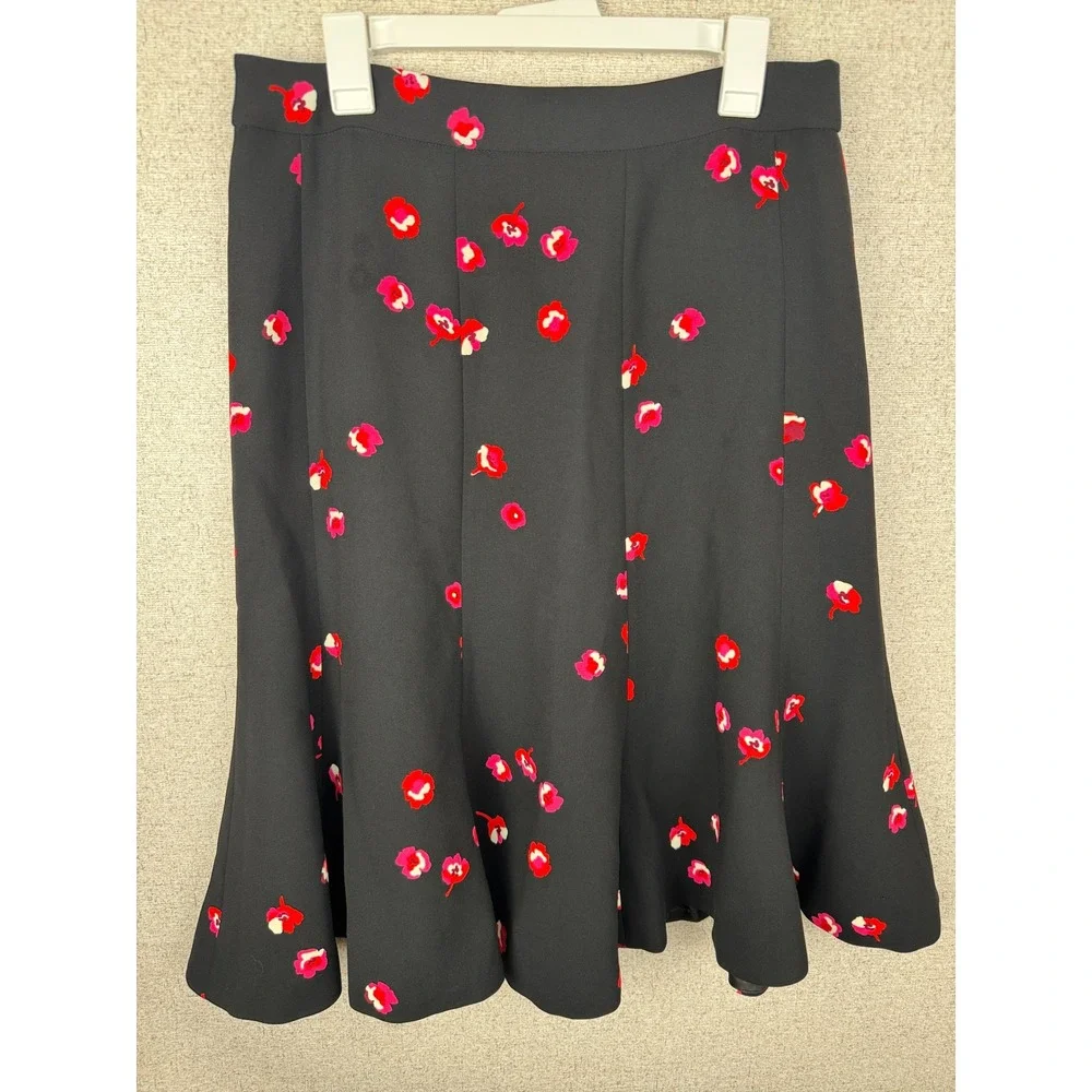 Kate Spade Skirt The Rules Black Pink Floral Ruffle Flared Midi Skirt Women's 12
